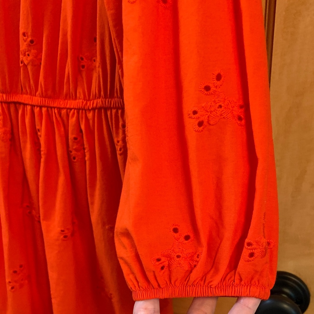 (K228) NWOT Knox Rose 3/4 Sleeve Red-Orange Sz XS Eyelet Dress Scalloped Hemline - Picture 6 of 12